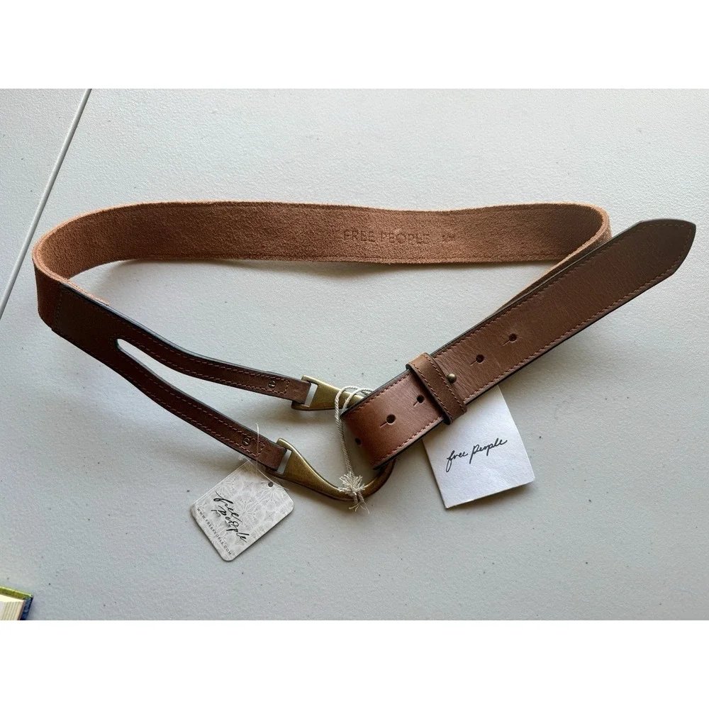 NWT Free People Leather Belt Brown Brass S/M Boho Festival